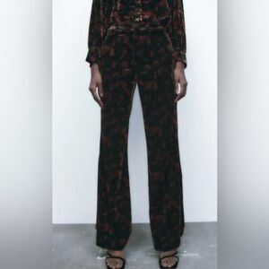 Zara Black and Red Velvet Wide Leg Pants